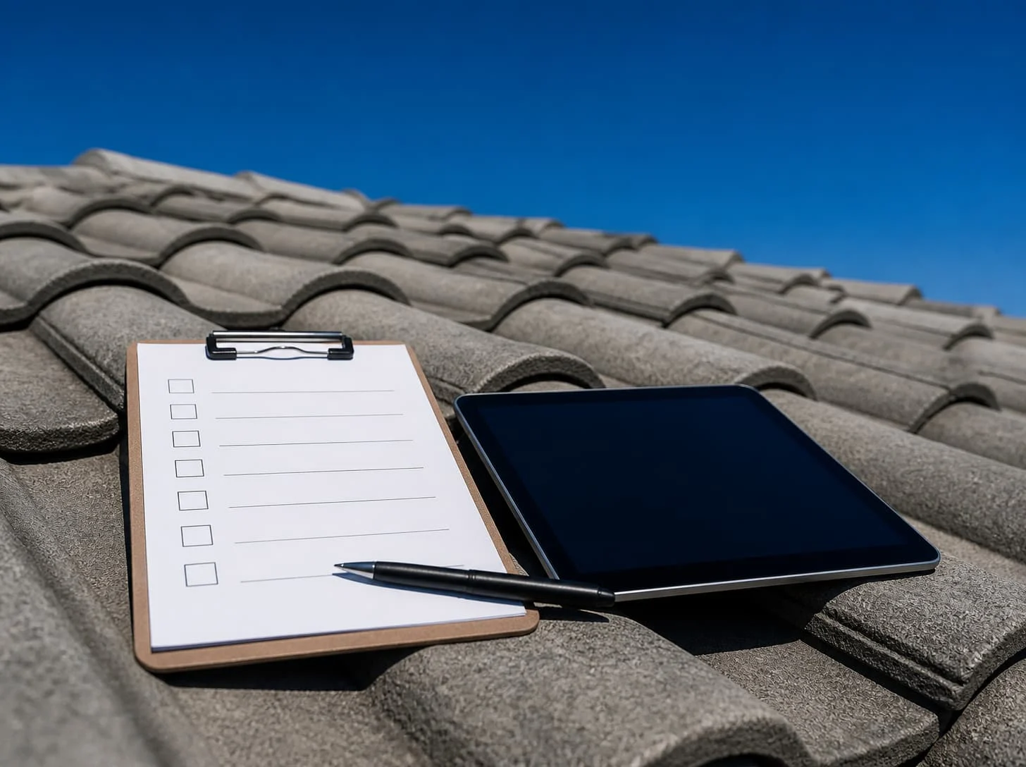 Clipboard checklist and tablet on a gray tile roof