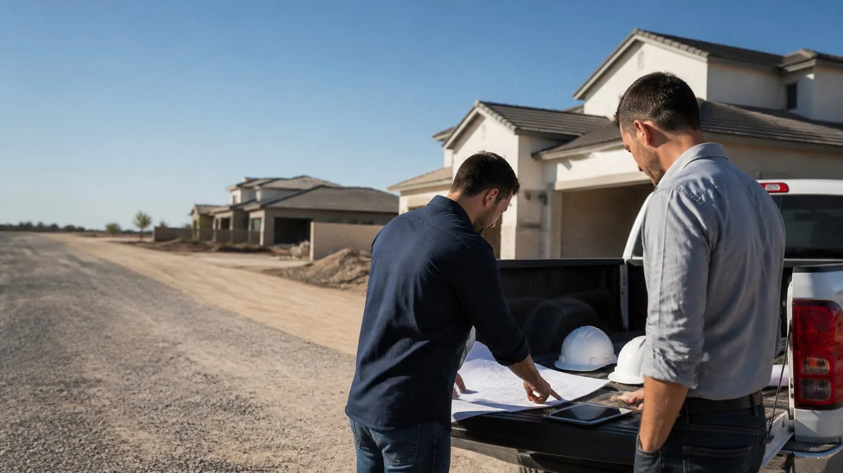 Two men reviewing plans on a pickup tailgate