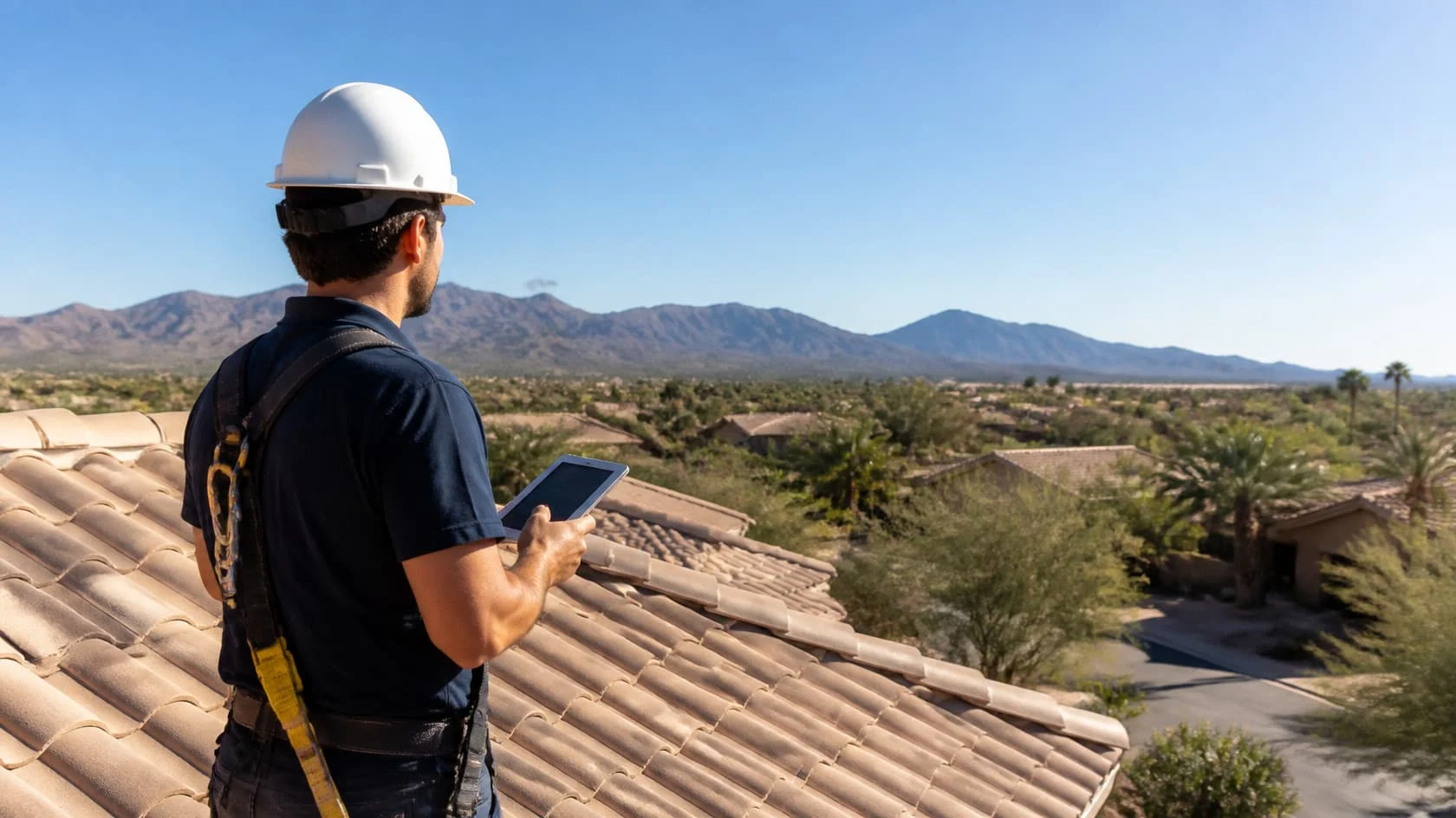 Roof inspector with a tablet on a tile roof with mountains behind