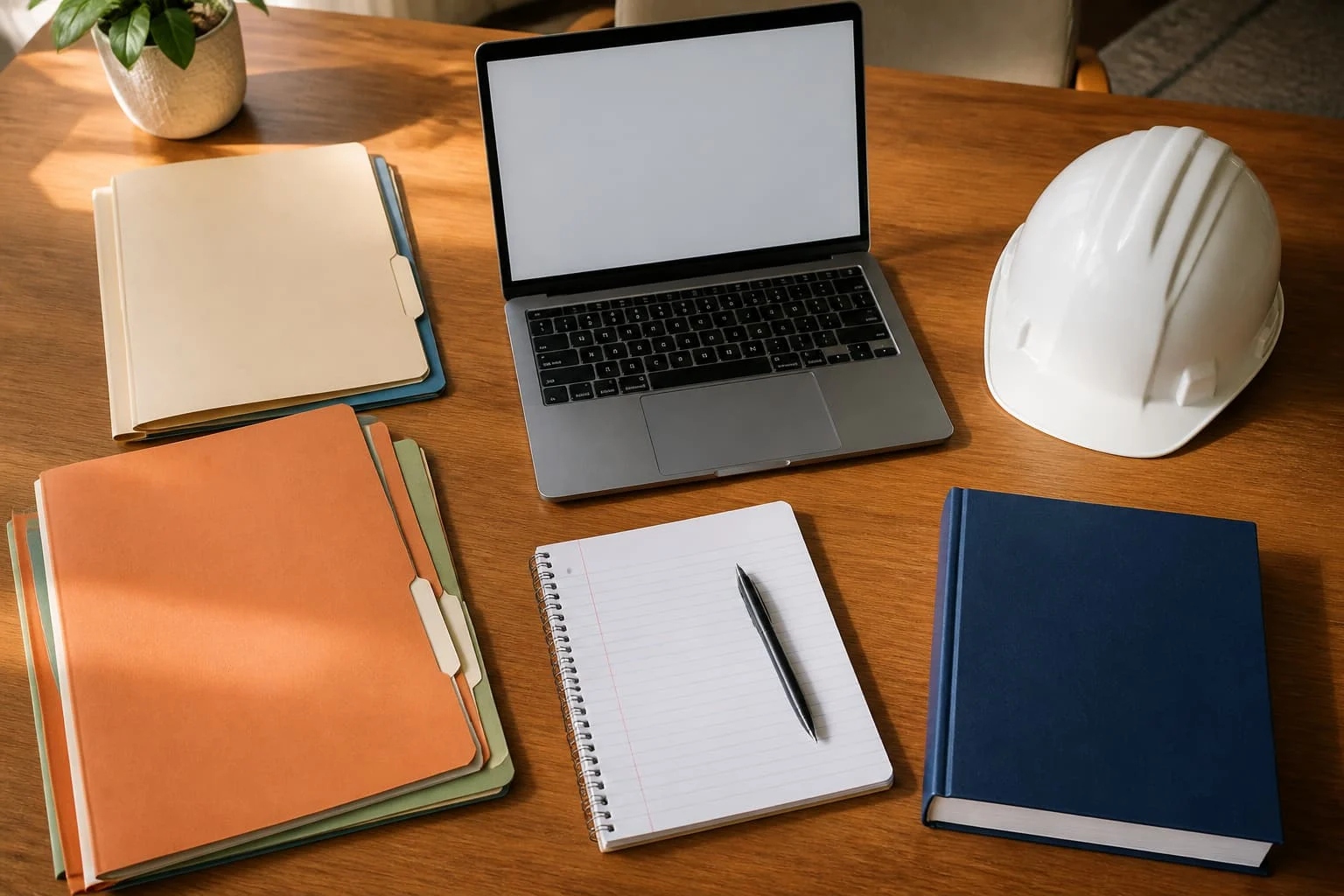 Desk with folders, laptop, notebook and a white hard hat