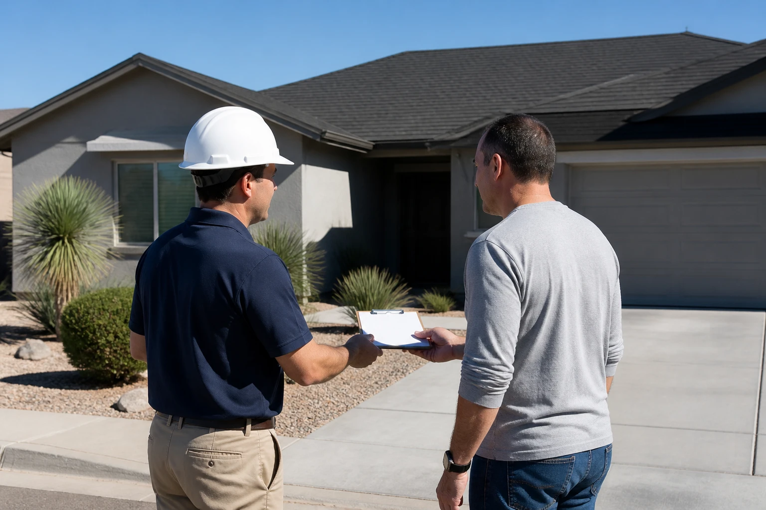 Inspector handing a paper to a homeowner outside a shingle roof home