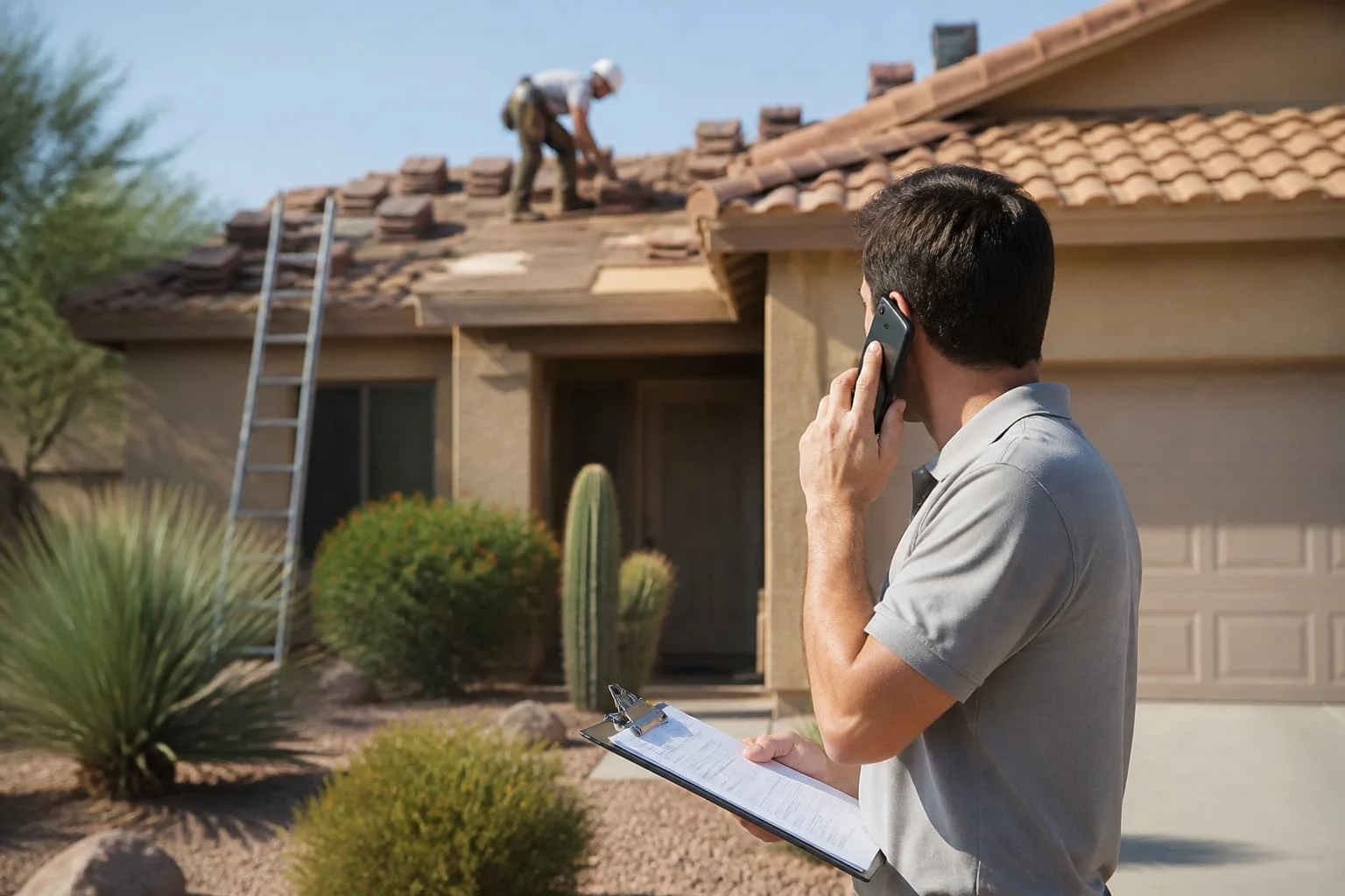 Man on a phone with a clipboard while a roofer works behind