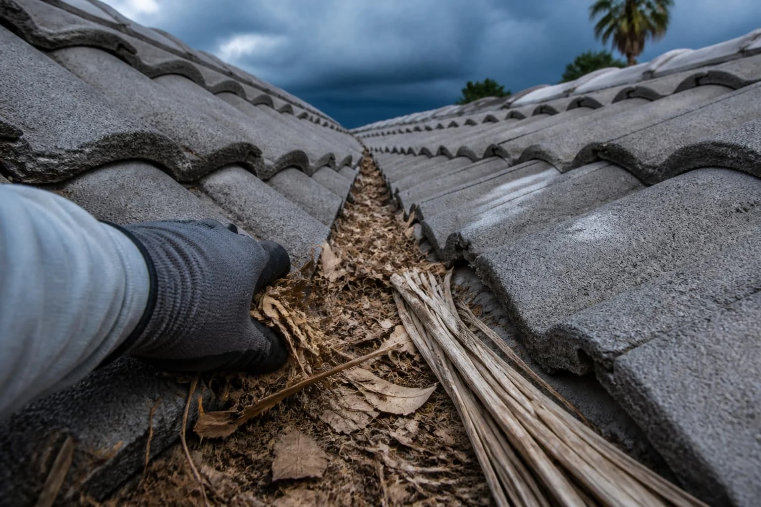 Gloved hand clearing debris from a gray tile roof valley