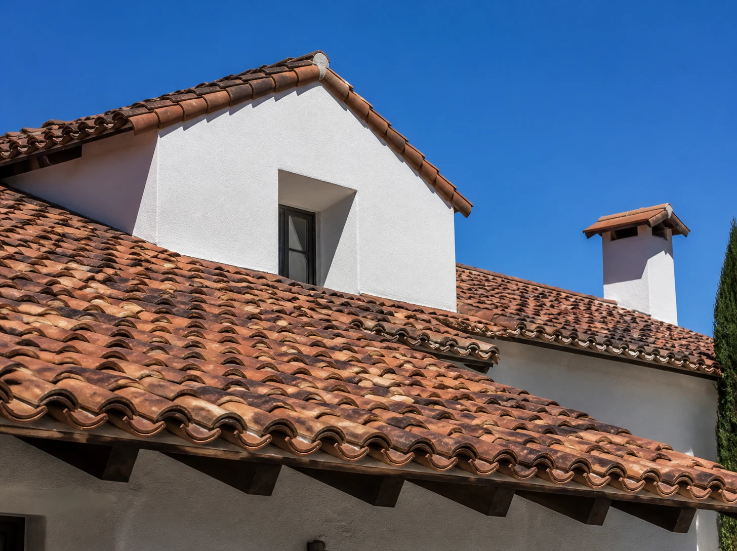 Terracotta clay barrel tile roof on a white stucco home