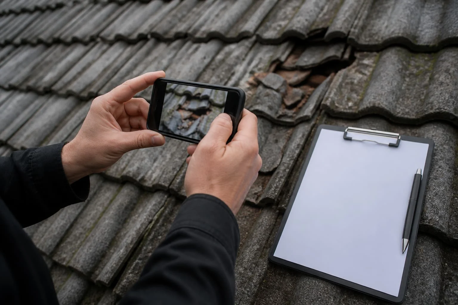 Hands photographing tile roof damage with a phone beside a clipboard