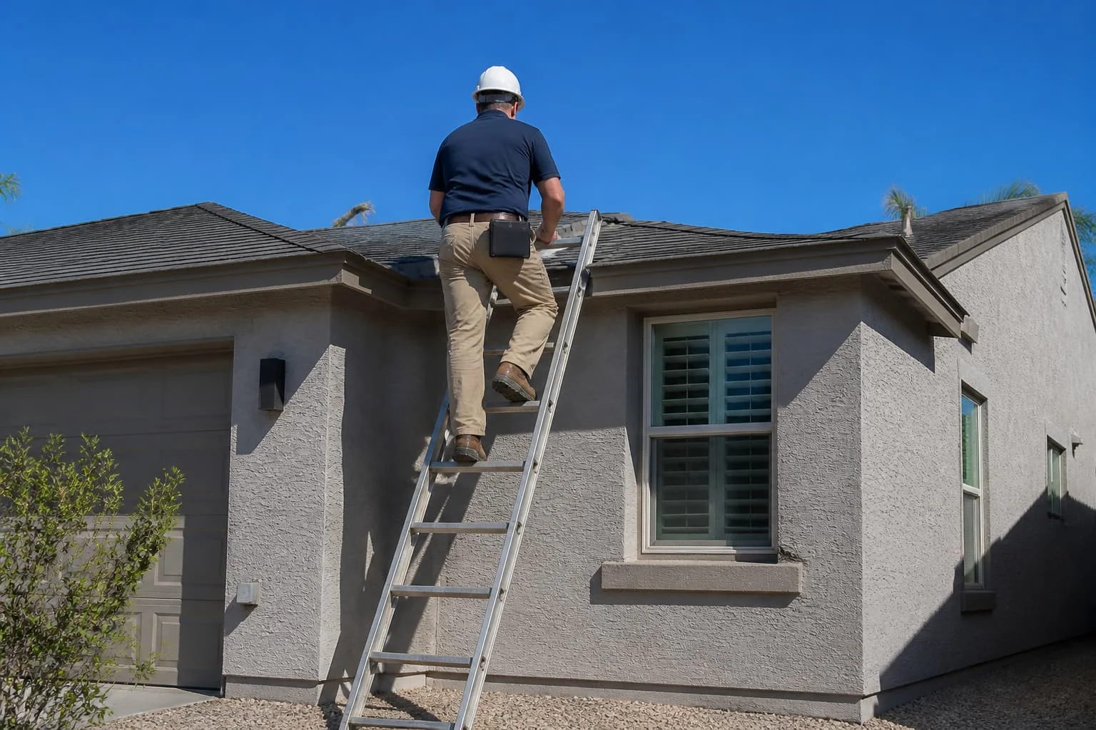 Inspector climbing a ladder to a shingle roof