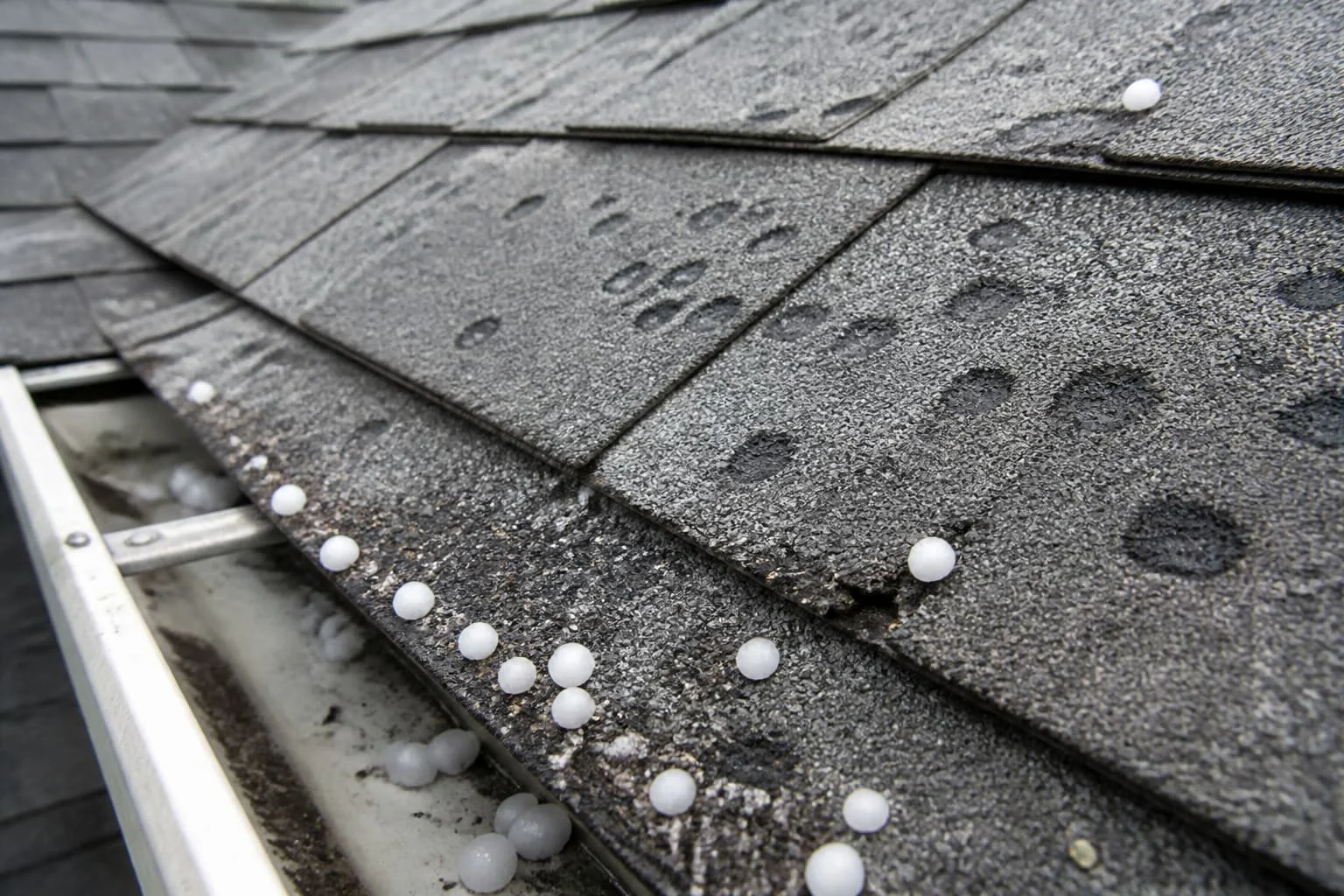 Illustration of hail bruises on gray asphalt shingles and hailstones in a gutter
