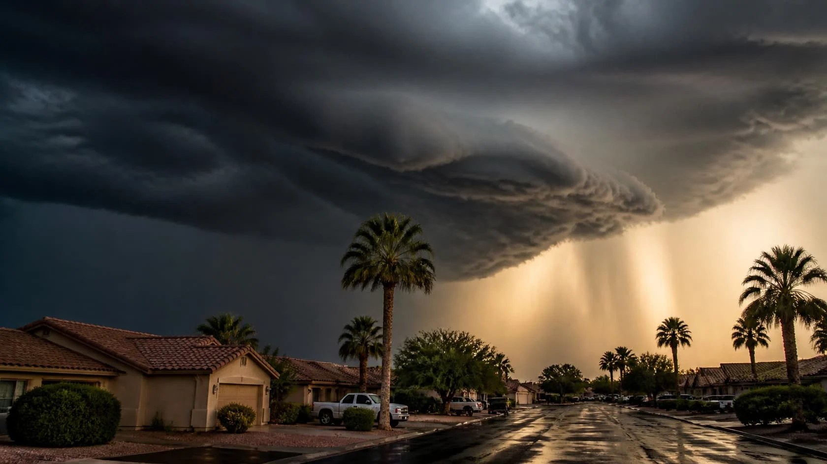 Dark storm clouds and light rays over homes and palm trees