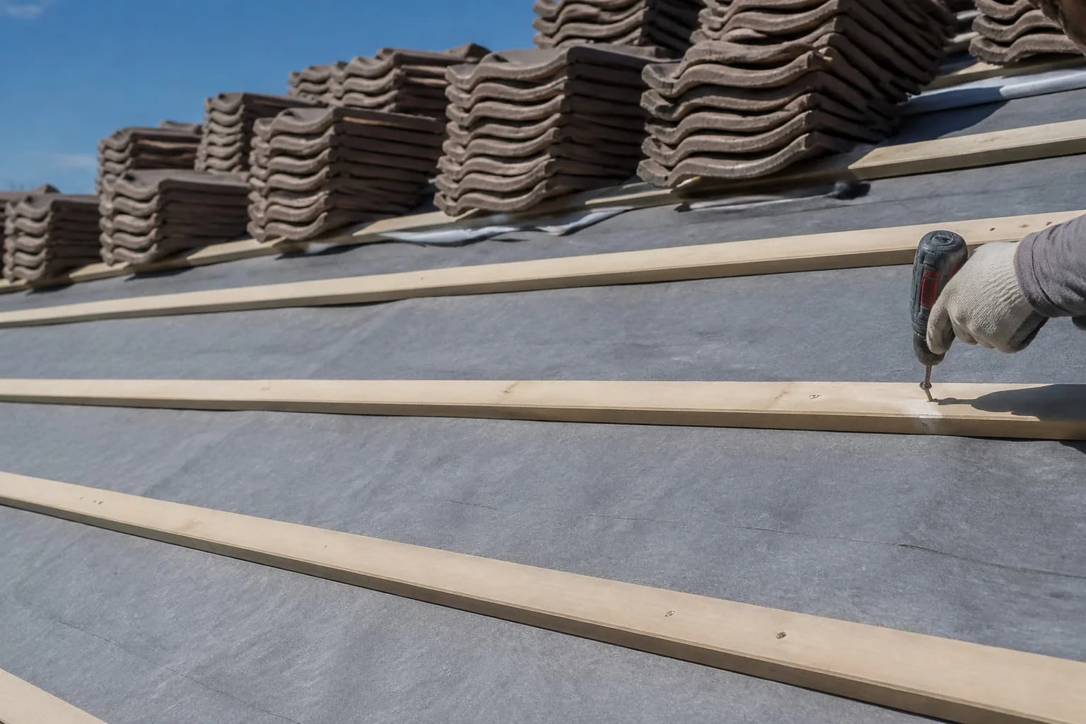 Stacked roof tiles on new gray underlayment and battens