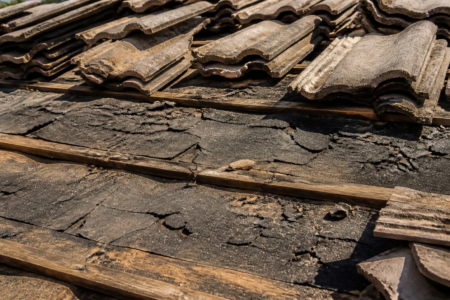 Lifted roof tiles revealing cracked brown underlayment