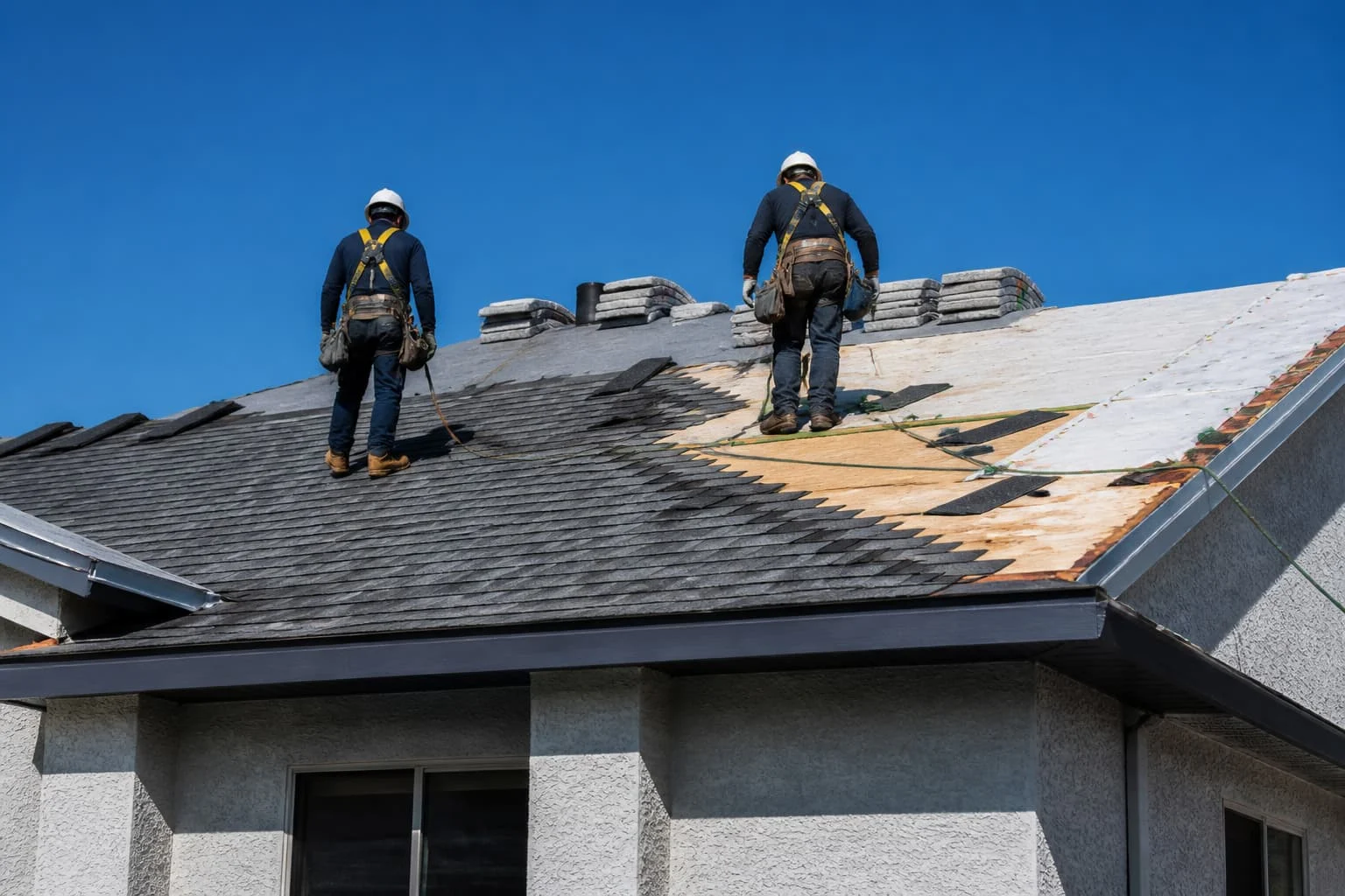 Workers installing charcoal asphalt shingles over exposed roof decking